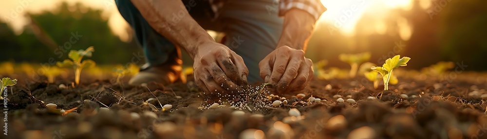 Fototapeta premium Nurturing New Life: Farmer's Hands Planting Seedlings at Sunset