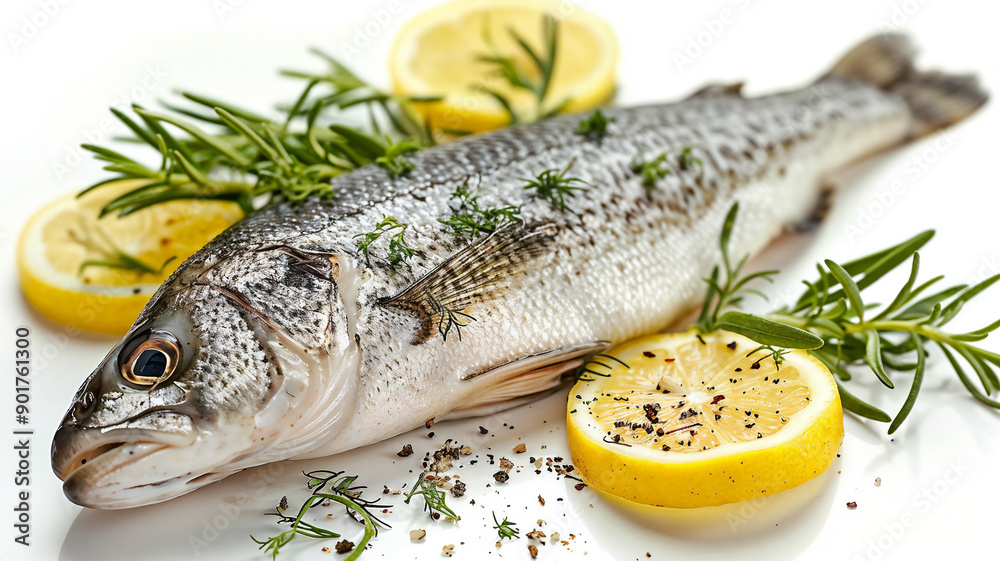 Fresh fish with lemon and rosemary leaves nearby. White background.Healthy lifestyle. Fresh fish with lemon and rosemary leaves nearby. White background.Healthy lifestyle.