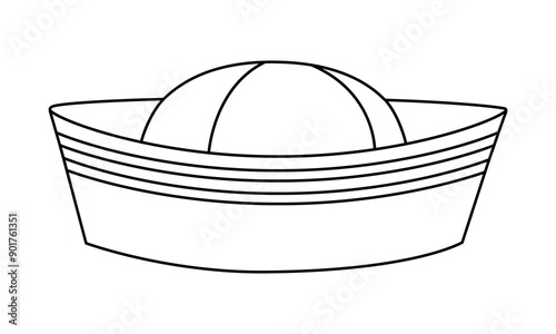Hand drawn cute outline illustration of sailor hat. Flat vector marine uniform cap line art doodle style. Head wear for ship or boat seaman icon or print. Vacation or holiday summer costume. Isolated.