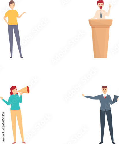 Public agitation icons set cartoon vector. Loud talking and agitating people. Campaigning concept