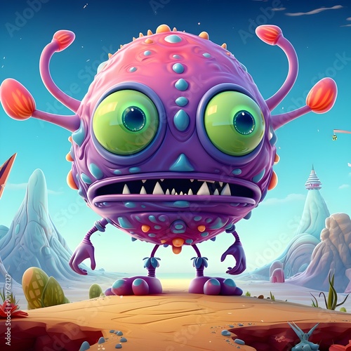 A PURPLE MARTIAN MONSTER IN COLORED CARTOON STYLE  photo