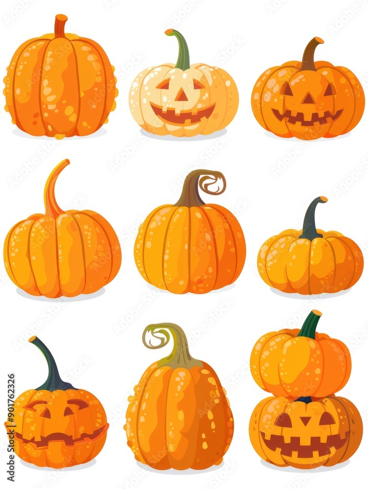 A set of pumpkins with creative and spooky faces carved into their skin, perfect for Halloween decorations or fall-themed events A set of pumpkins with creative and spooky faces carved into their skin, perfect for Halloween decorations or fall-themed events