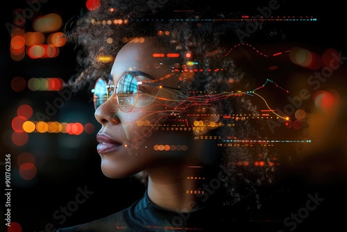 A young woman with in front of a big monitor in the middle of a modern server room. Collection and storage of large amounts of data. Checks the operation of servers and automation.
