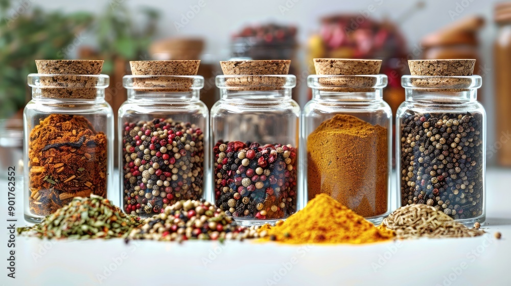 Spices in glass jars on a white table and a light background. Generative AI. Spices in glass jars on a white table and a light background. Generative AI.