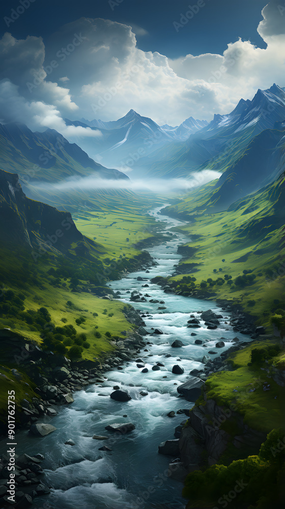 Fototapeta premium A winding river flows through a lush green valley, surrounded by towering mountains and a cloudy sky.