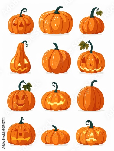 A collection of decorative pumpkins with carved faces and leaves