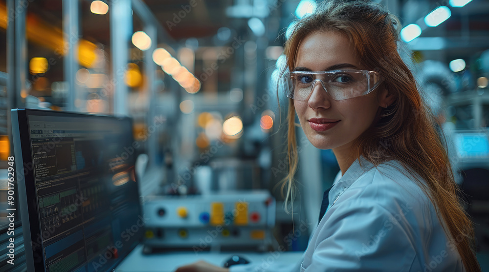 Beautiful woman working as an industrial process technician, sitting at a computer with the factory floor in the background behind a large glass wall, modern technology environment. Generative AI.