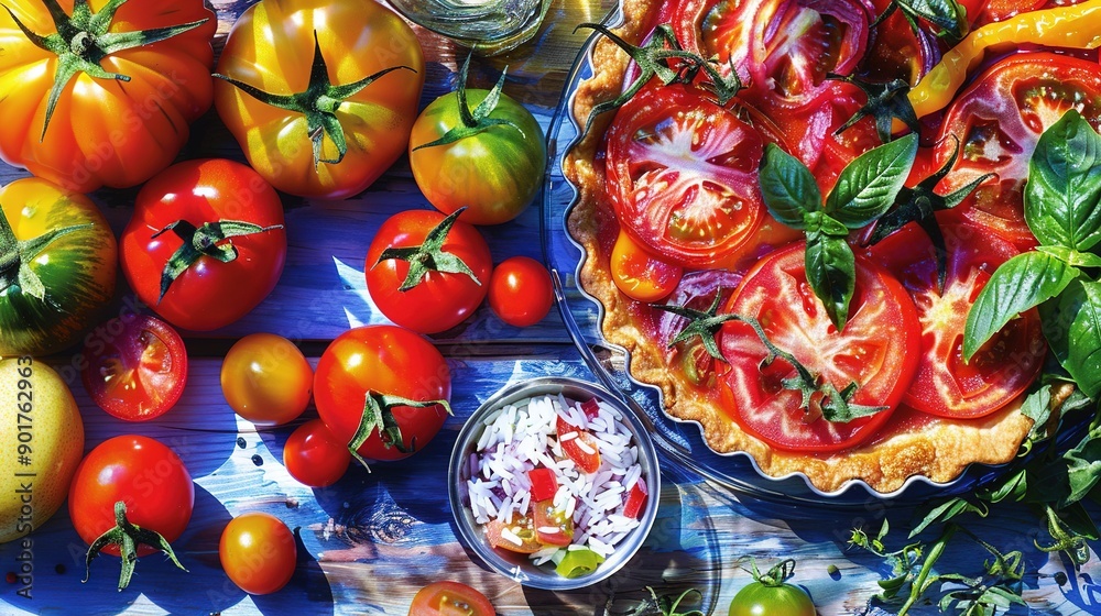 Fototapeta premium A table topped with a pie covered in various fruits and vegetables
