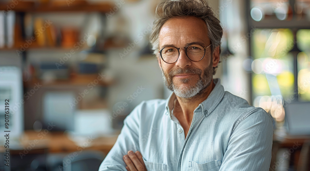 Fototapeta premium Classic portrait of an architect, inside his modern office. Generative AI.