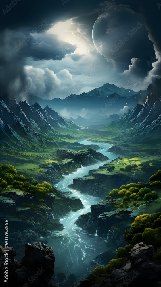Naklejka premium A winding river flows through a mystical valley surrounded by towering mountains and a crescent moon in the sky.
