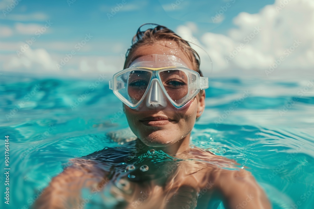 Naklejka premium Young women at snorkeling in the tropical water