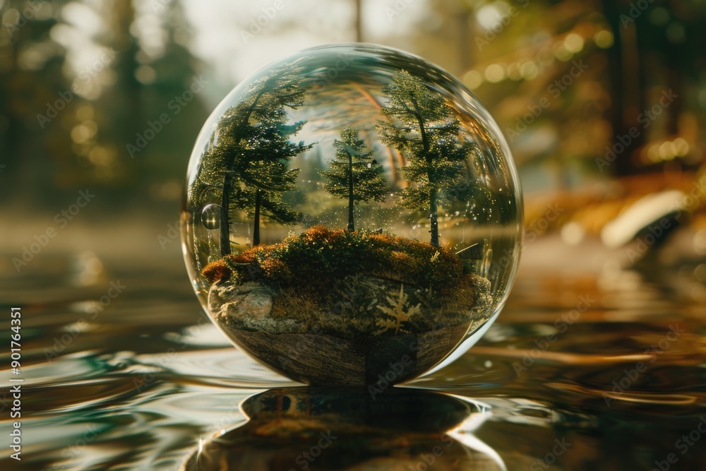 A transparent glass ball containing a miniature forest scene A transparent glass ball containing a miniature forest scene