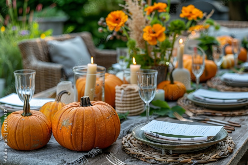 Candlelit autumnal table setting with pumpkins, candles, and greenery, creating a cozy and festive atmosphere. Candlelit autumnal table setting with pumpkins, candles, and greenery, creating a cozy and festive atmosphere.