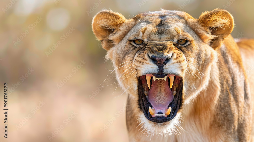 Obraz premium Close-up of a fierce lioness roaring, displaying sharp teeth and intense expression, showcasing the beauty of wildlife.