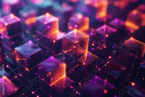 Vibrant digital representation of blockchain technology with glowing cubes and a network of connections, set against a dark background.