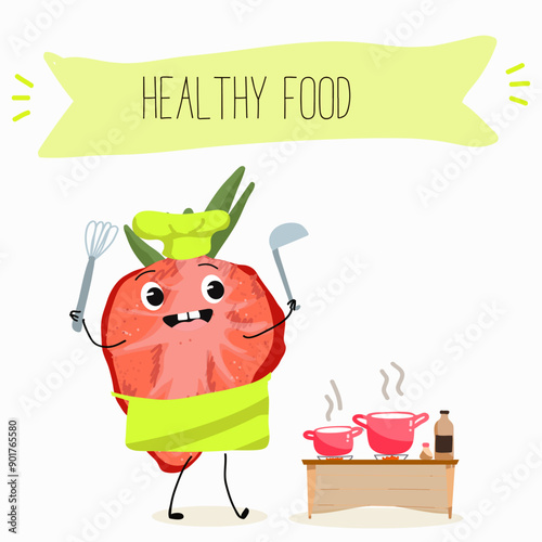 Funny strawberry character design. Fruit poster. Vector illustration. Hand drawn, texture, kids menu.