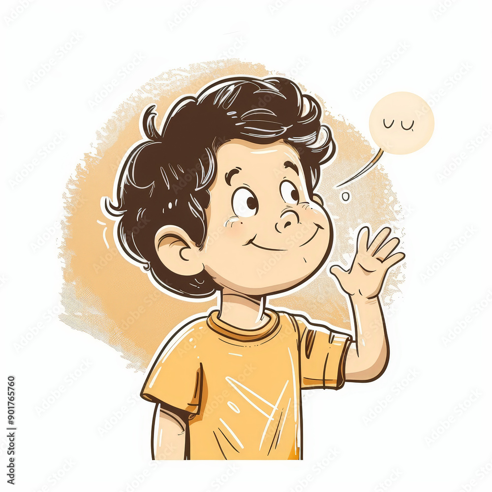 A cheerful boy with curly hair waves hello, wearing a bright yellow shirt against a soft, warm background A cheerful boy with curly hair waves hello, wearing a bright yellow shirt against a soft, warm background