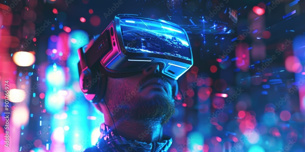 A person wearing a virtual reality headset walking through a city scene