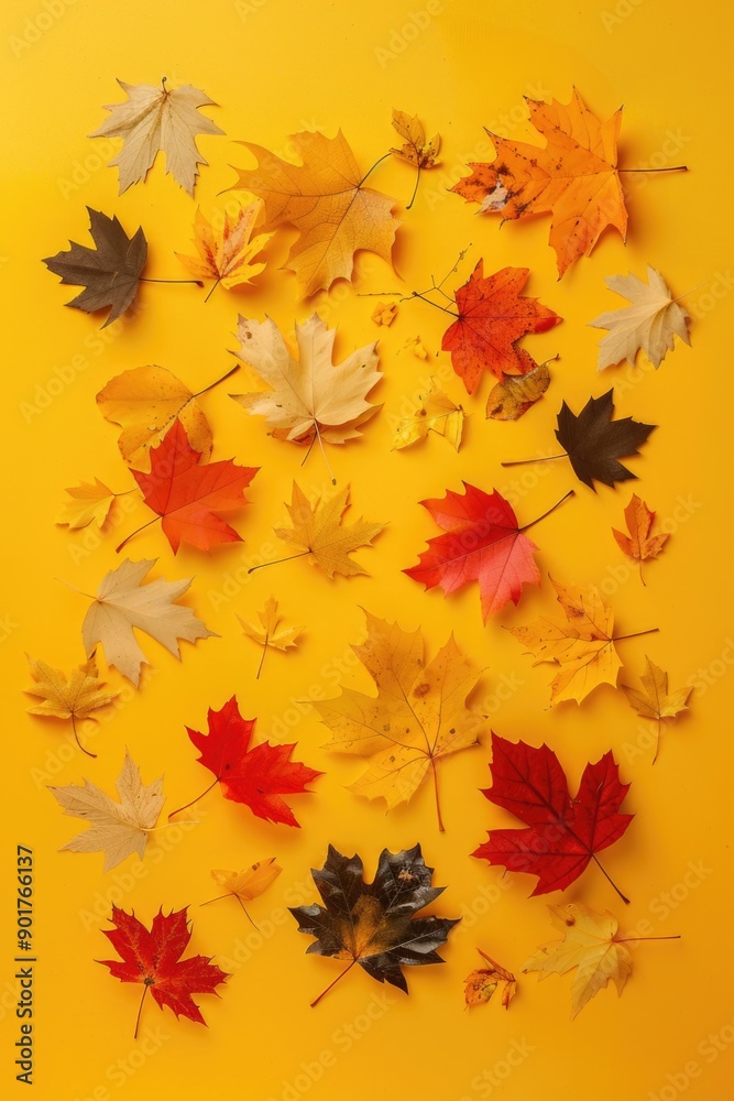 A bright yellow background filled with variously colored leaves A bright yellow background filled with variously colored leaves