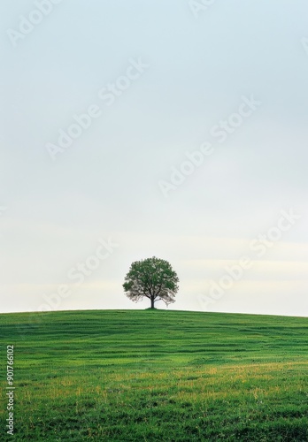 High-Quality Vertical Minimalist Landscape with Solitary Tree on a Green Hill - Ideal for Nature Photography and Inspirational Wall Art