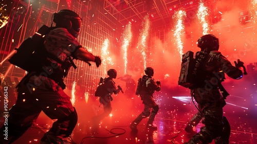 Dynamic Halloween concert with African American teens in scifi costumes performing on a stateoftheart stage with immersive visual effects and pyrotechnics photo