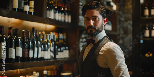 portrait of a sommelier standing at a liquor counter