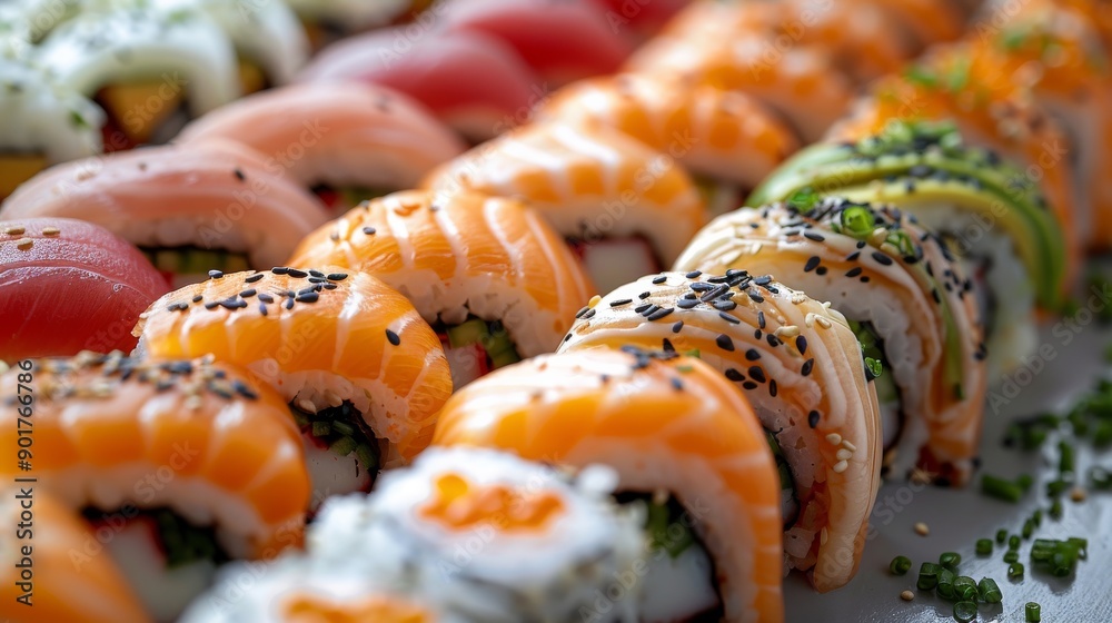 Close up view of a variety of sushi rolls, featuring fresh salmon and sesame seeds, arranged in a visually appealing line Close up view of a variety of sushi rolls, featuring fresh salmon and sesame seeds, arranged in a visually appealing line