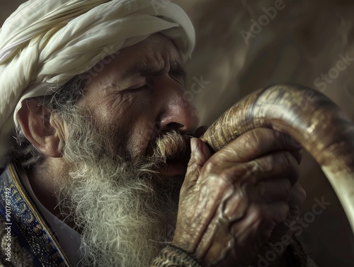 A person with a long beard is blowing a horn, a classic instrument used for signaling or making music