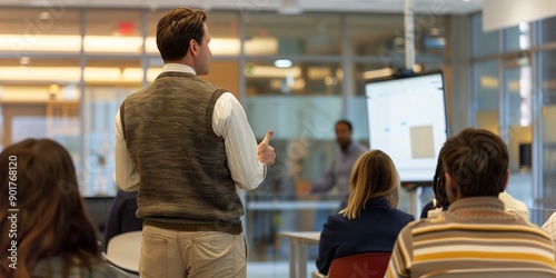 The man in the brown vest and white shirt stands before an audience giving a speech. He is gesturing with his right hand. The audience members are sitting on chairs, looking very focused.  © 唐 焕瑜