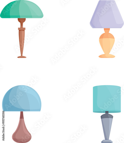 Lamp icons set cartoon vector. Table torchere with various lampshade. Home illumination and decor element