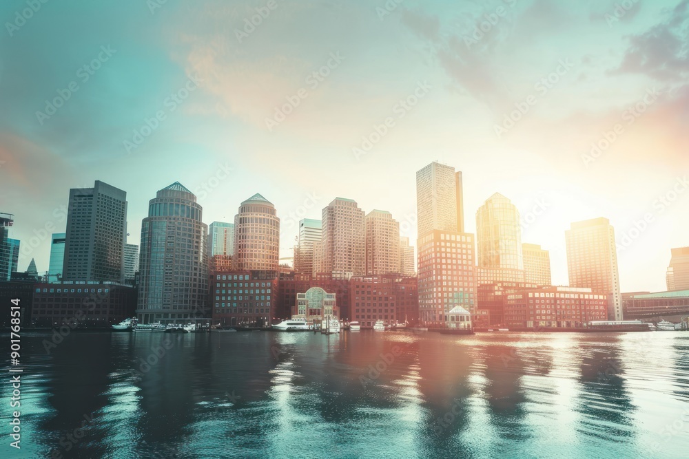 Fototapeta premium Boston's financial district skyline at sunset, reflecting on calm water, showcasing modern skyscrapers against a clear sky.