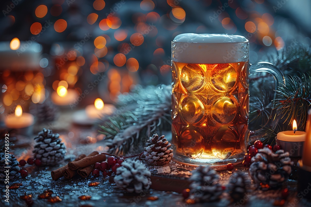a glass of beer with a candle and pine cones.