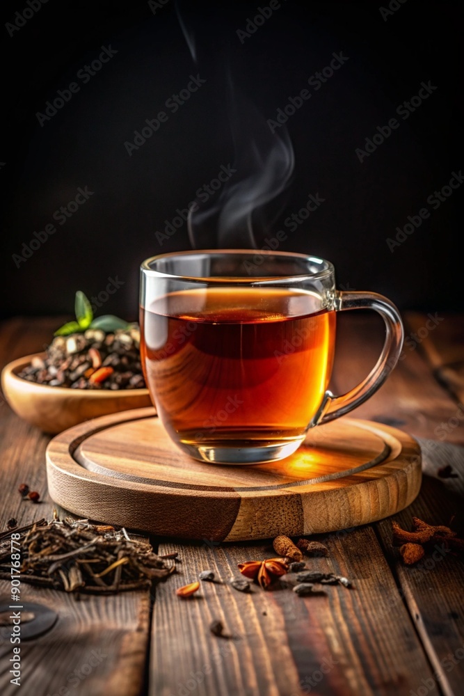 Cup of tea glass and dried tea leaves on a wooden plate, placed on a wooden table, on a dark black background Cup of tea glass and dried tea leaves on a wooden plate, placed on a wooden table, on a dark black background