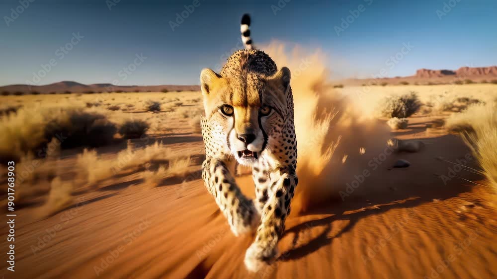 Chased by an angry cheetah in the hot savannah, running  loop towards the camera