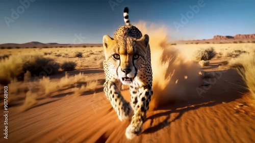 Chased by an angry cheetah in the hot savannah, running  loop towards the camera