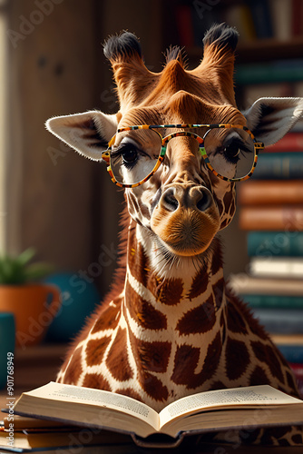 giraffe reading in classroom library education back to school concept