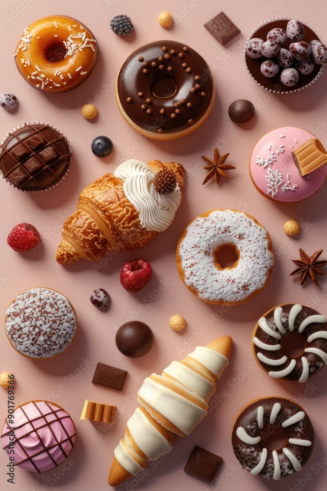 Assortment of various doughnut flavors on a bright pink background Assortment of various doughnut flavors on a bright pink background