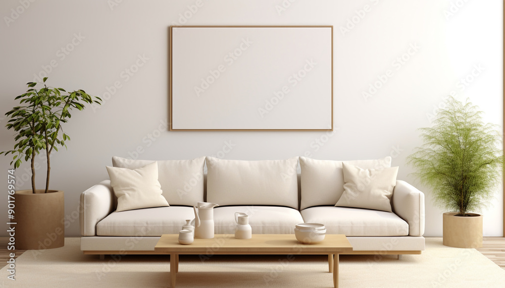 Living room with modern wood accents with empty frame Living room with modern wood accents with empty frame