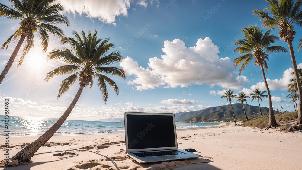 Laptop on the beach. Palm trees, sun, laptop, squeak, sky, clouds Laptop on the beach. Palm trees, sun, laptop, squeak, sky, clouds