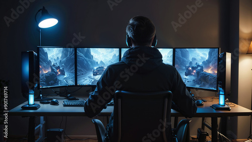 Rear view of young man playing on desktop computer with multiple monitor screens on table sitting in chair in room at night.