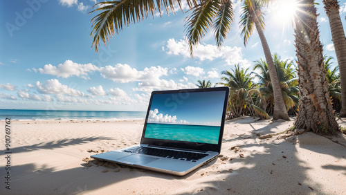 Laptop on the beach. Palm trees, sun, laptop, squeak, sky, clouds