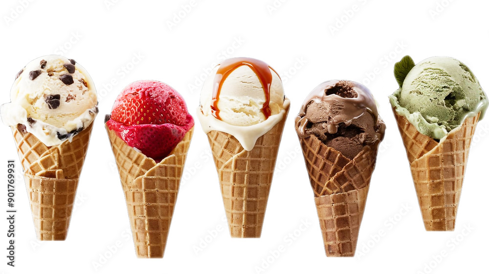 Ice cream scoop on waffle cone on transparent background easy cutout, PNG AI. Many assorted different flavor Mockup templates for artwork design. Ice cream scoop on waffle cone on transparent background easy cutout, PNG AI. Many assorted different flavor Mockup templates for artwork design.