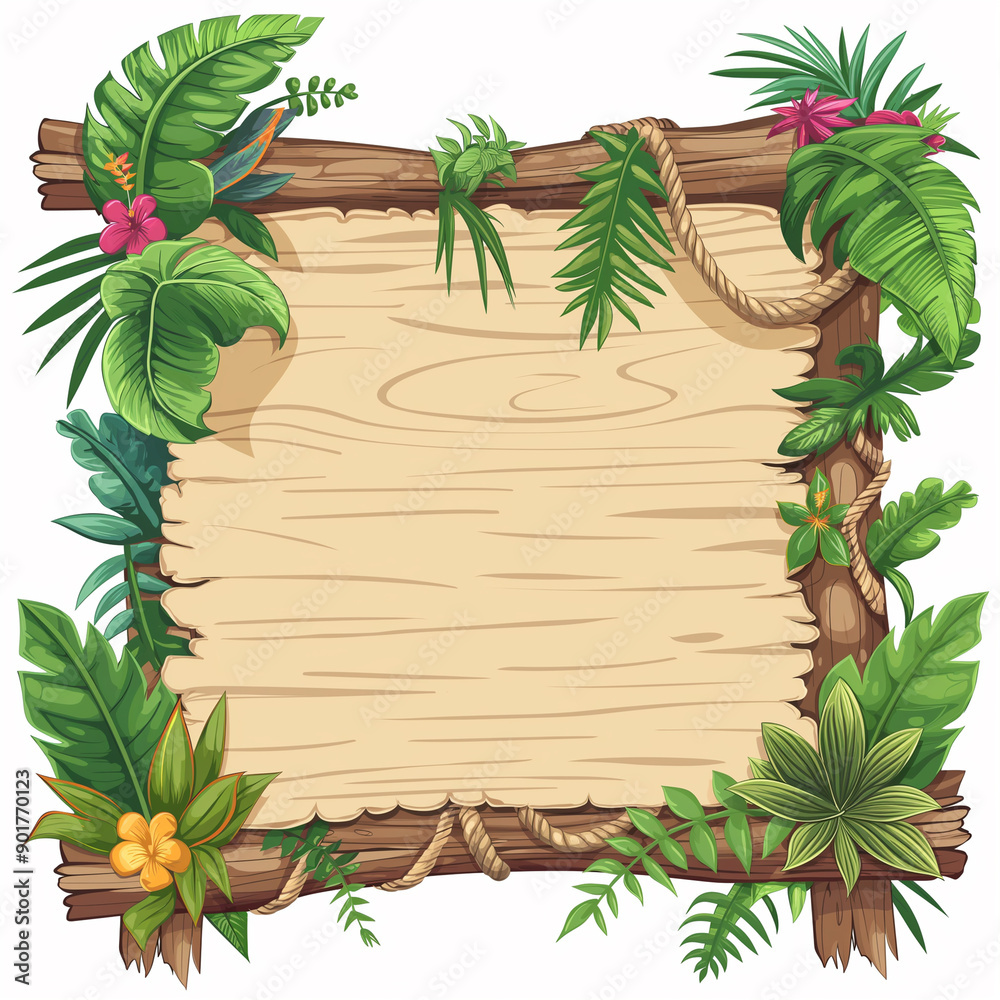 Jungle frame with wooden planks isolation over white background, Illustration Jungle frame with wooden planks isolation over white background, Illustration
