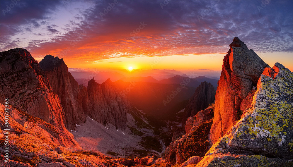 Fototapeta premium Sunrise views over mountains framed by two steep rocky cliffs illuminated by sunlight for a view of dramatic natural beauty