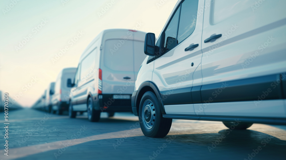 Line of white delivery vans parked on urban street, transportation fleet, logistics concept Line of white delivery vans parked on urban street, transportation fleet, logistics concept