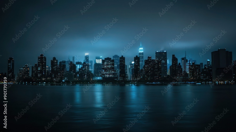 Fototapeta premium Darkened city skyline during a power outage at night. 