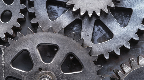Closeup of interlocking metal gears with triangular cutouts, shiny steel, industrial engineering concept