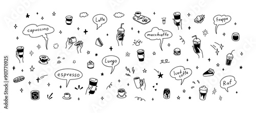 Cute line doodle coffee shop icon set. Hot and cold drinks, desserts, cake, sandwich, croissant. Hand drawn cafe and patisserie design elements. Crayon scribble and squiggle  drawings