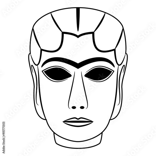 The Mask from Warka. Lady of Uruk. Female head of ancient woman or goddess Inanna from Iraq. Black and white linear silhouette.