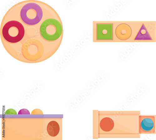 Toy icons set cartoon vector. Ecological wooden toy for children. Logical entertainment